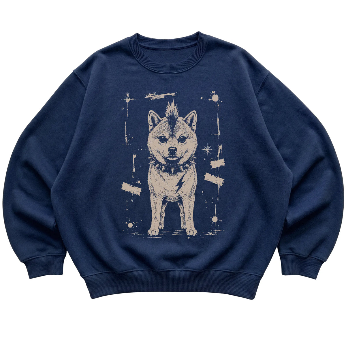 Navy Punk Rock Shiba Inu sweatshirt, flat view