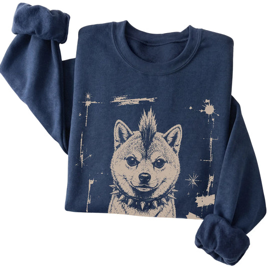Navy Punk Rock Shiba Inu sweatshirt, folded view