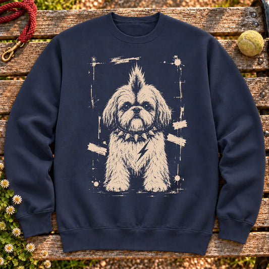 Shih Tzu Punk Rock design on a Navy crewneck sweatshirt shown flat