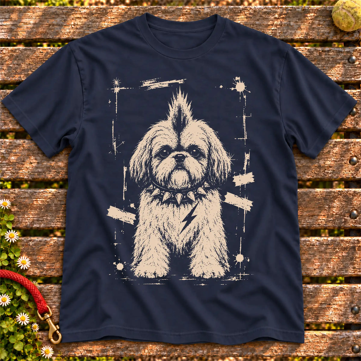Shih Tzu Punk Rock design on a Navy T-shirt shown flat
