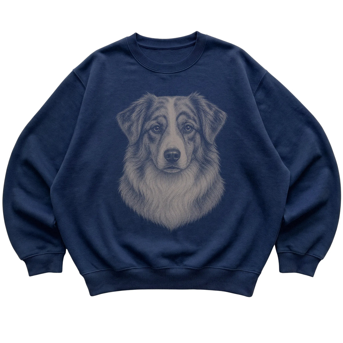 Navy Realistic Drawing Australian Shepherd sweatshirt, flat view