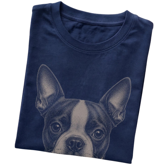 Navy Realistic Drawing Boston Terrier T-shirt, folded view