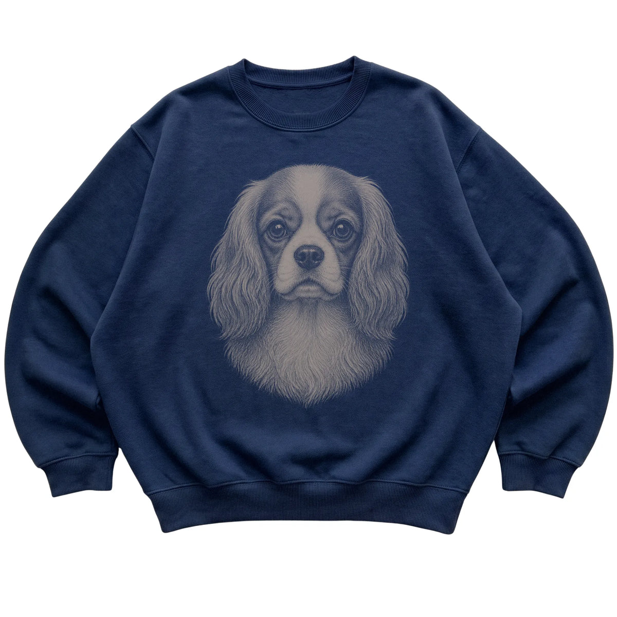 Navy Realistic Drawing Cavalier King Charles Spaniel sweatshirt, flat view