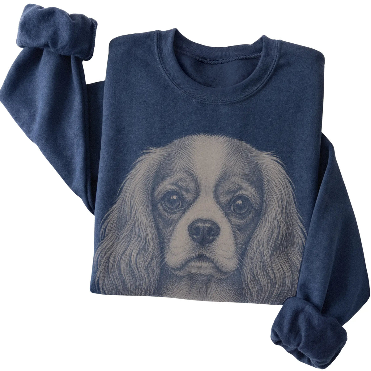 Navy Realistic Drawing Cavalier King Charles Spaniel sweatshirt, folded view