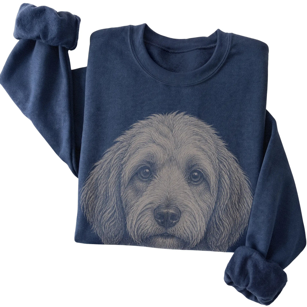 Navy Realistic Drawing Labradoodle sweatshirt, folded view