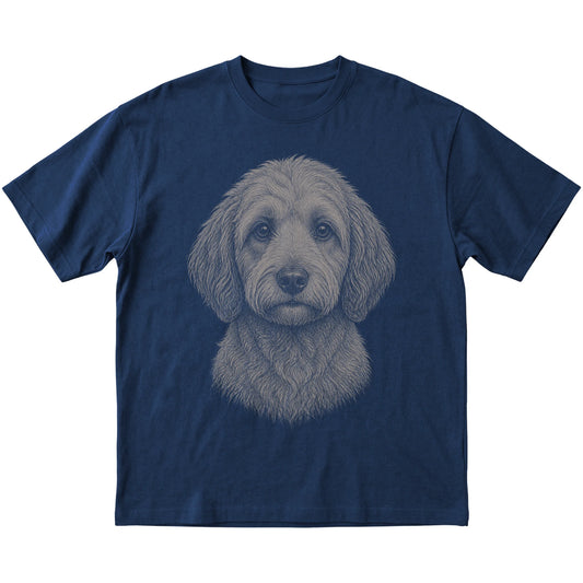 Navy Realistic Drawing Labradoodle T-shirt, flat view