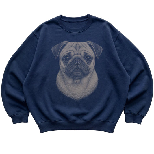 Navy Realistic Drawing Pug sweatshirt, flat view