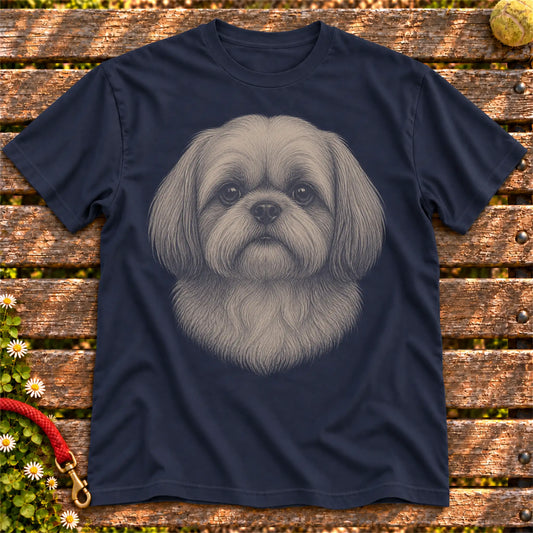 Shih Tzu Realistic Drawing on a Navy T-shirt, shown flat