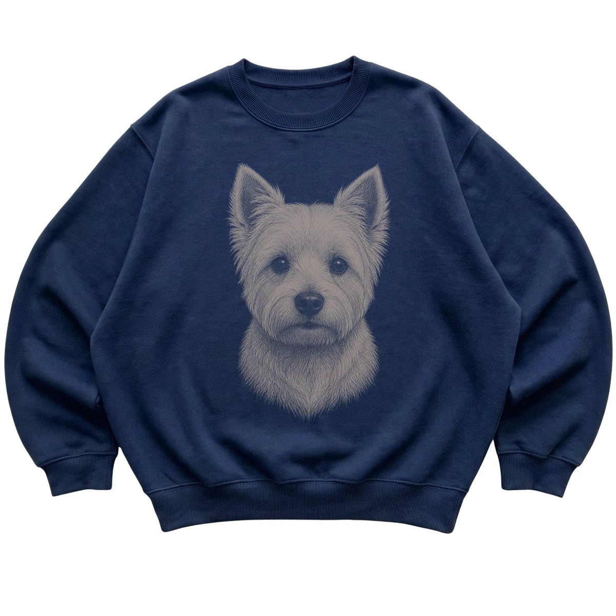 Navy Realistic Drawing Westie sweatshirt, flat view