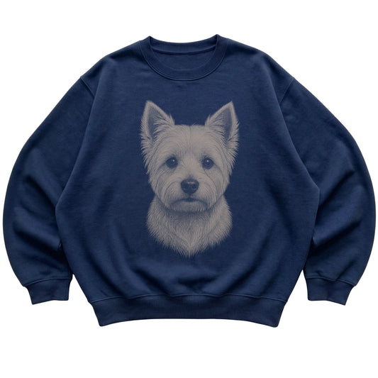Navy Realistic Drawing Westie sweatshirt, flat view