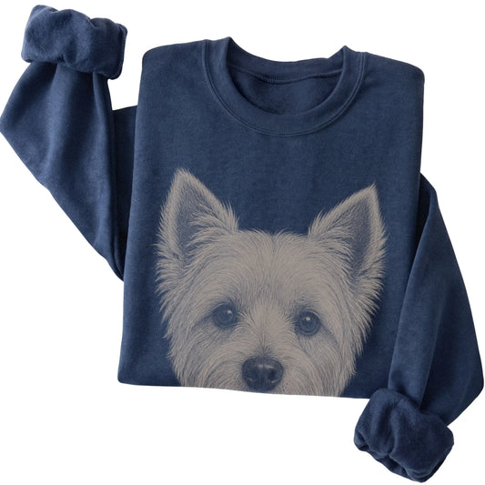 Navy Realistic Drawing Westie sweatshirt, folded view