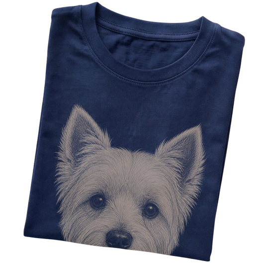 Navy Realistic Drawing Westie T-shirt, folded view