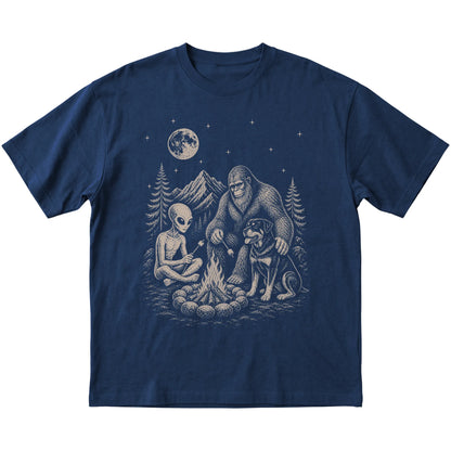 Navy Rottweiler Camping with Bigfoot and Alien shirt laid flat