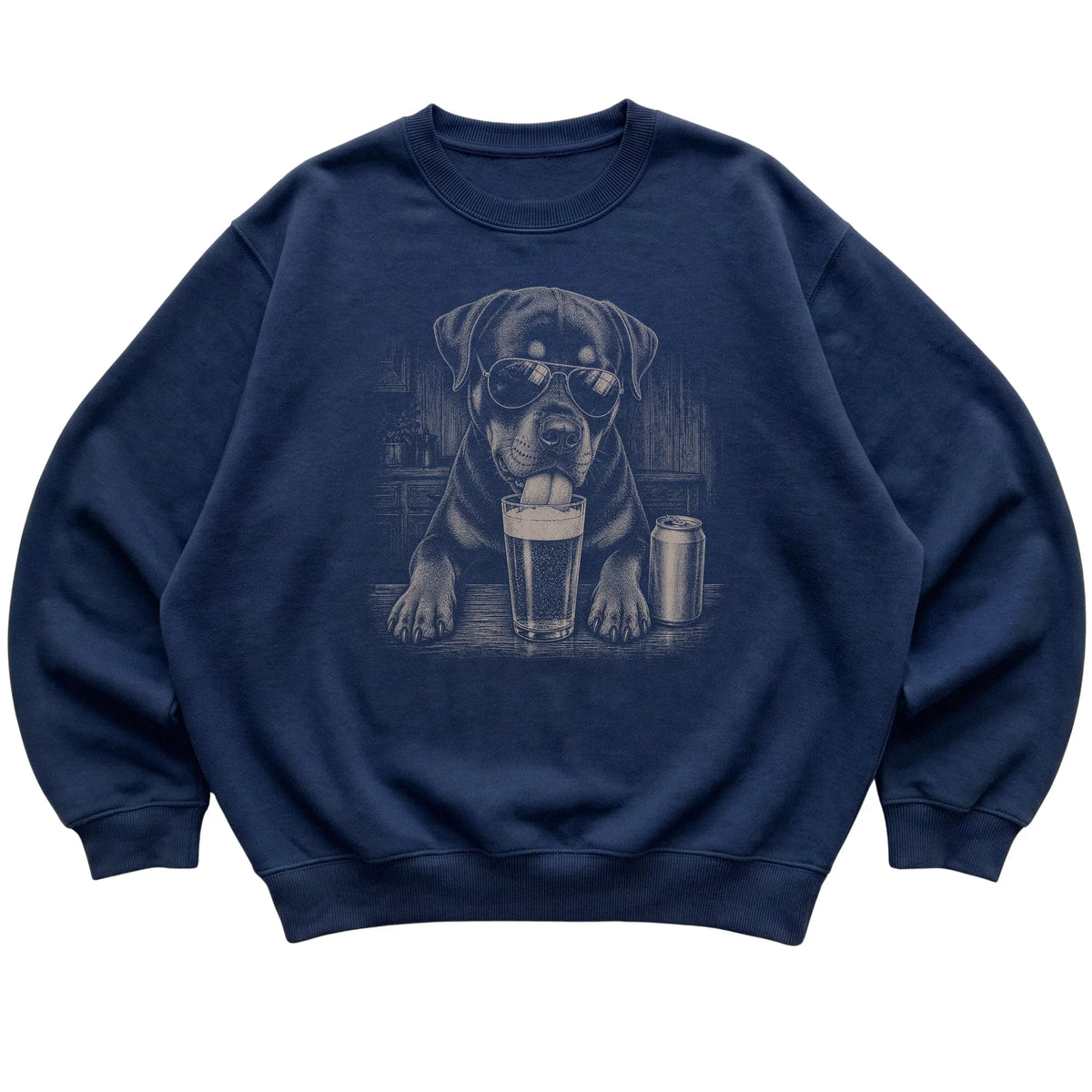 Navy Rottweiler drinking from a pint at a bar, laid flat