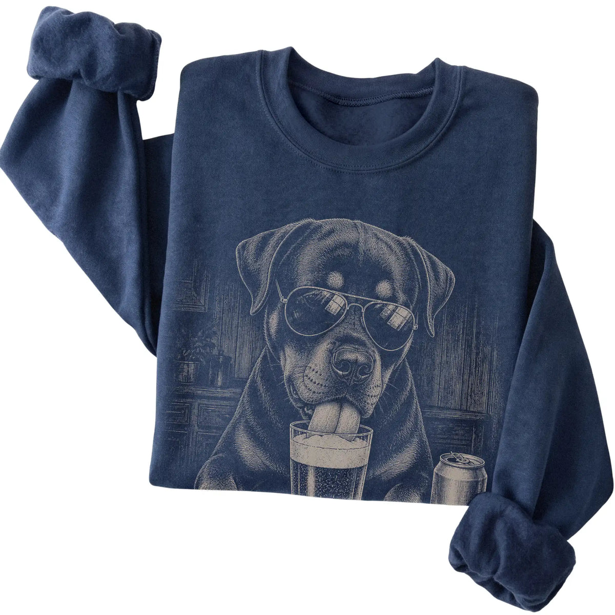 Navy Rottweiler drinking from a pint at a bar, folded detail view