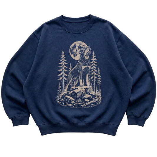 Close view of Rottweiler Howling at the Moon artwork on Navy crewneck sweatshirt