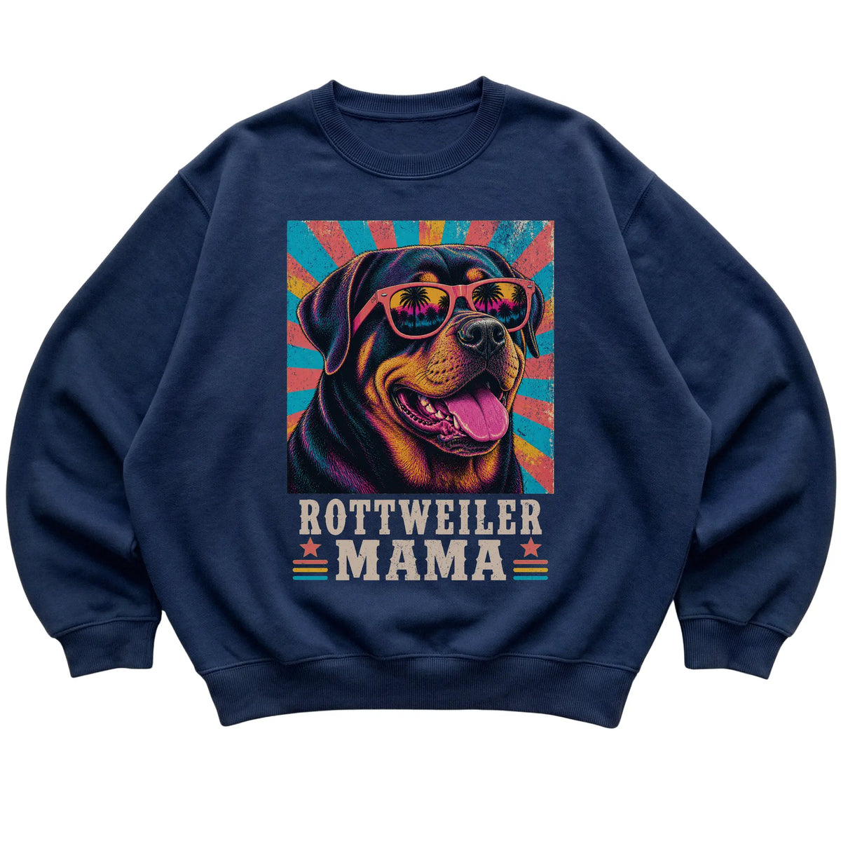 Retro Rottweiler Mama design on a Navy crewneck sweatshirt