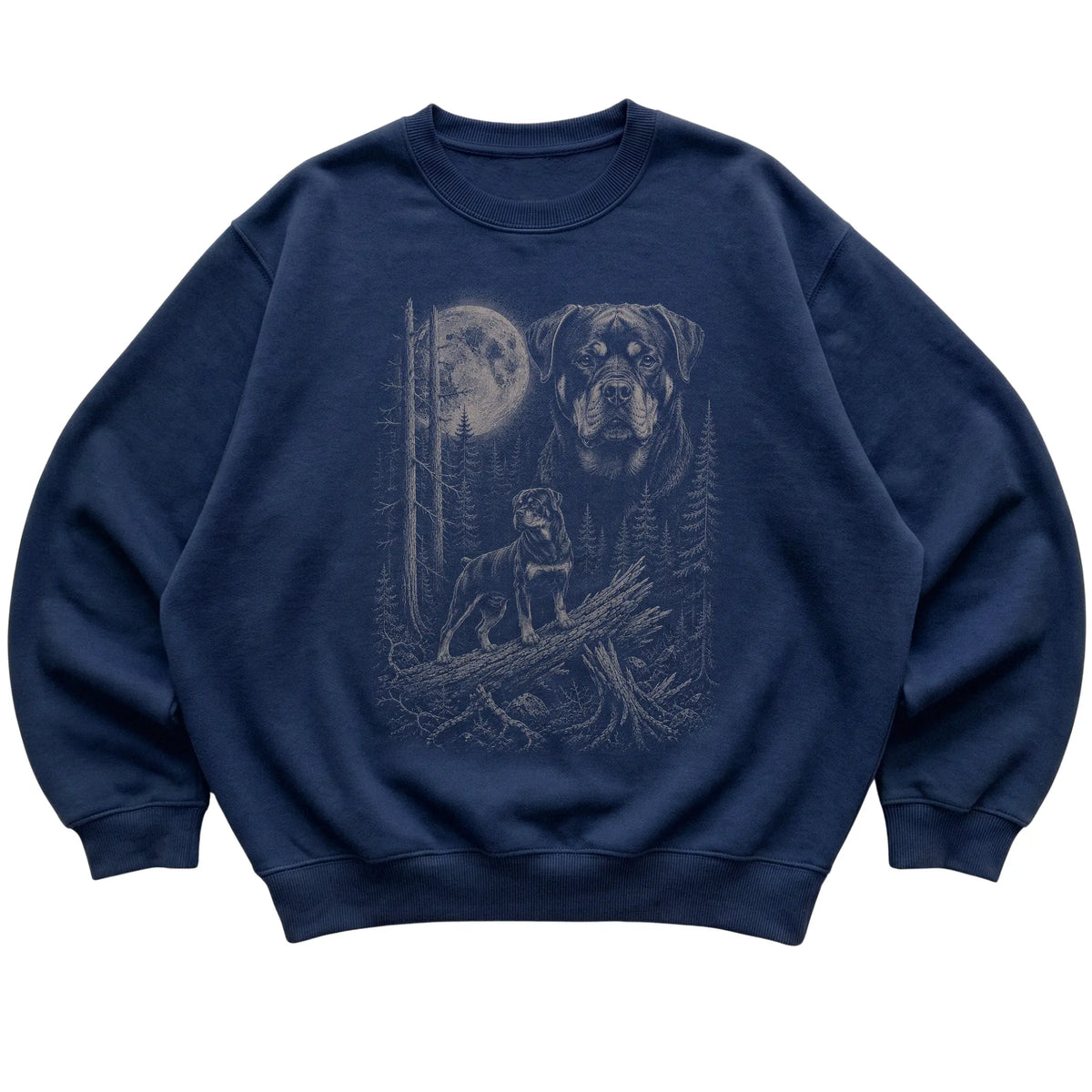 Rottweiler Moonlit Forest graphic on a navy crewneck sweatshirt laid flat