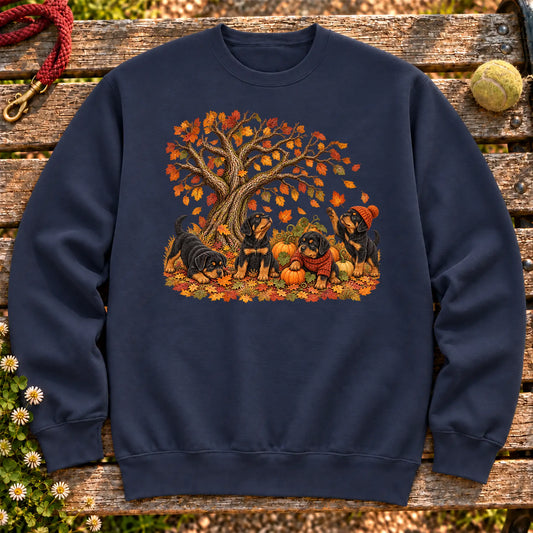 Four Rottweiler puppies with pumpkins beneath an autumn tree on a Navy crewneck sweatshirt