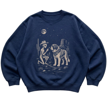 Navy crewneck sweatshirt featuring Saint Bernard Cowboy and Alien, laid-flat presentation