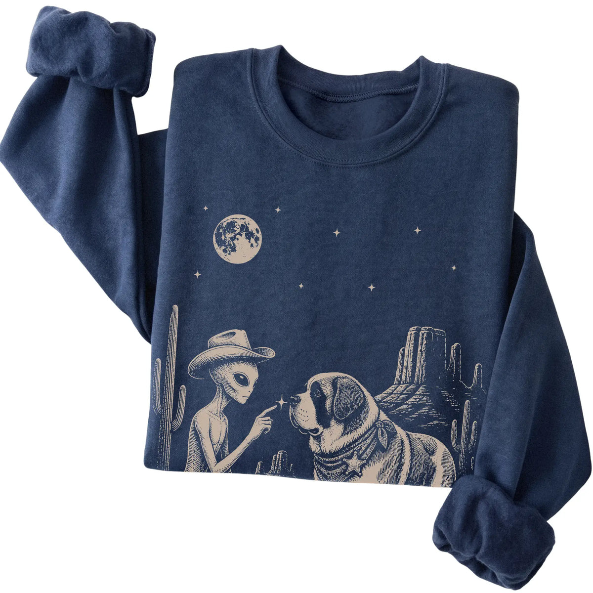 Navy crewneck sweatshirt featuring Saint Bernard Cowboy and Alien, folded presentation