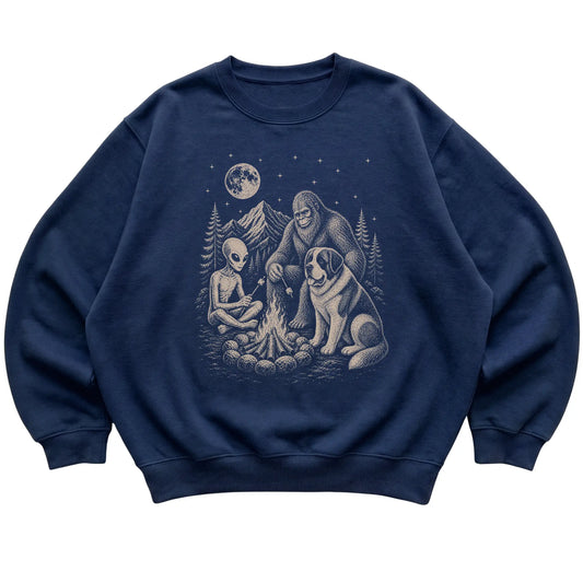 Navy Saint Bernard Camping with Bigfoot and Alien shirt laid flat