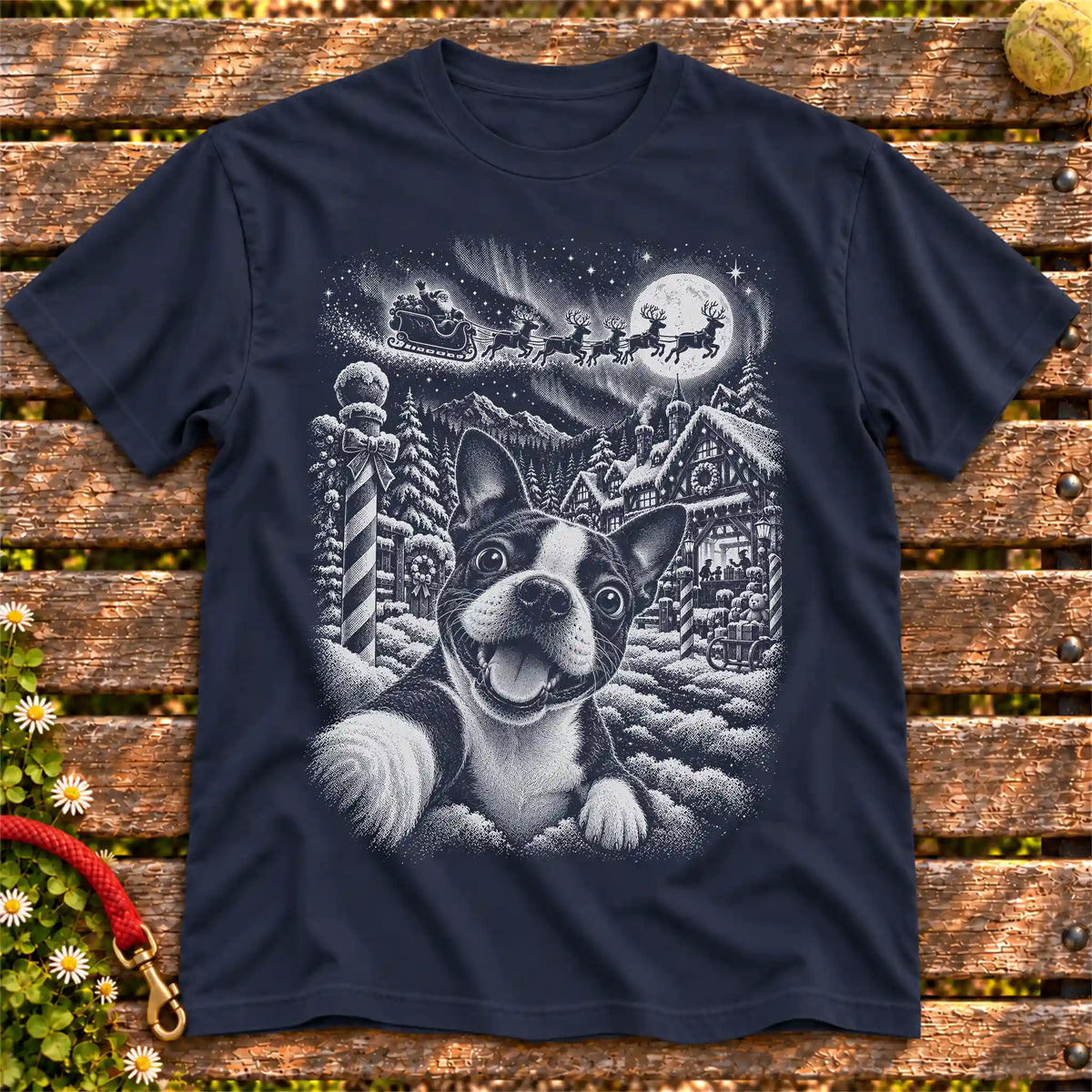 Boston Terrier Santa Selfie design on a Navy T-shirt