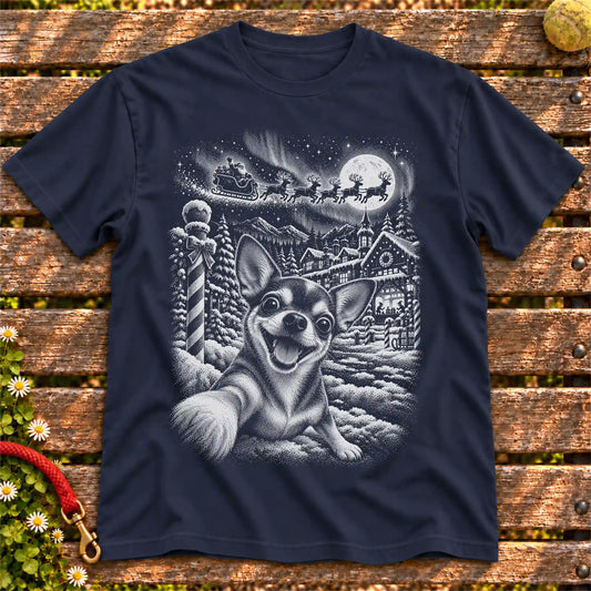 Chihuahua Santa Selfie design on a Navy T-shirt