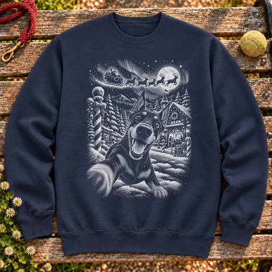 Doberman Santa Selfie design on a Navy crewneck sweatshirt