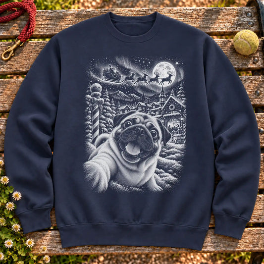Pug Santa Selfie design on a Navy crewneck sweatshirt