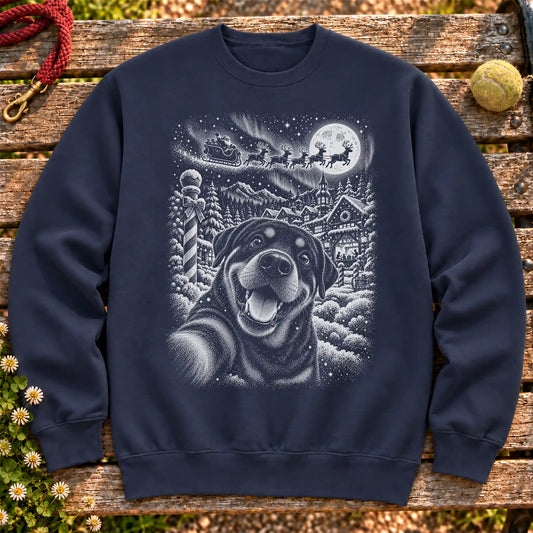 Rottweiler Santa Selfie design on a Navy crewneck sweatshirt