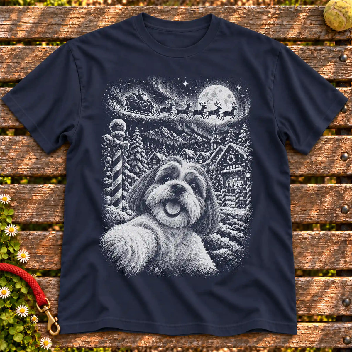 Shih Tzu Santa Selfie design on a Navy T-shirt