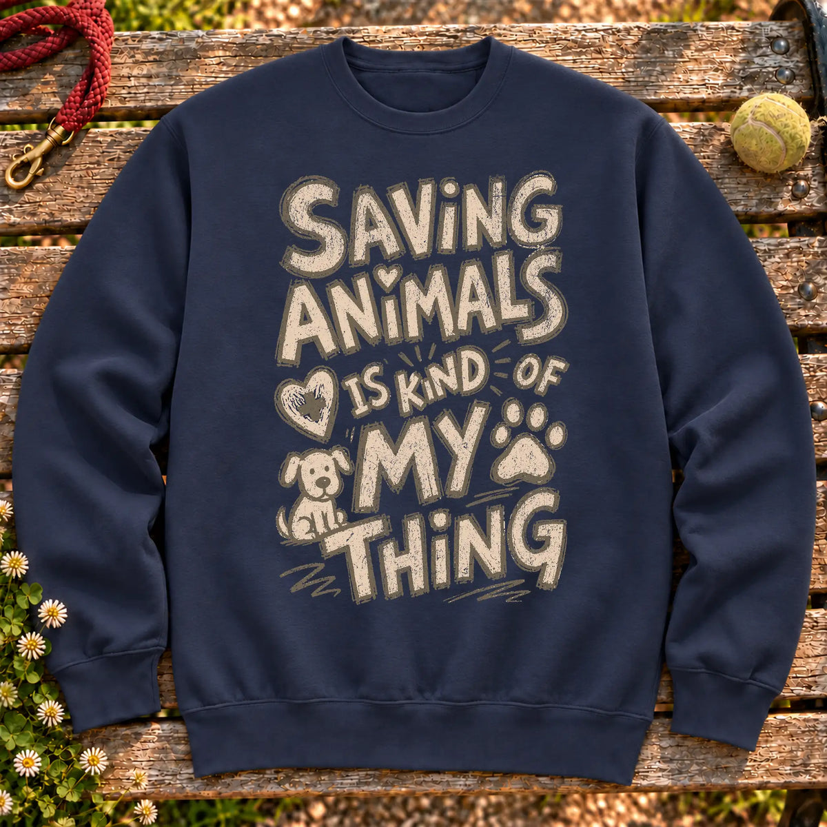 Saving Animals is kind of my thing on a Navy crewneck sweatshirt, shown flat