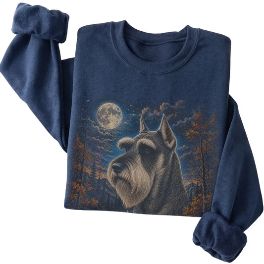 Folded navy sweatshirt with Schnauzer Autumn Moon artwork.