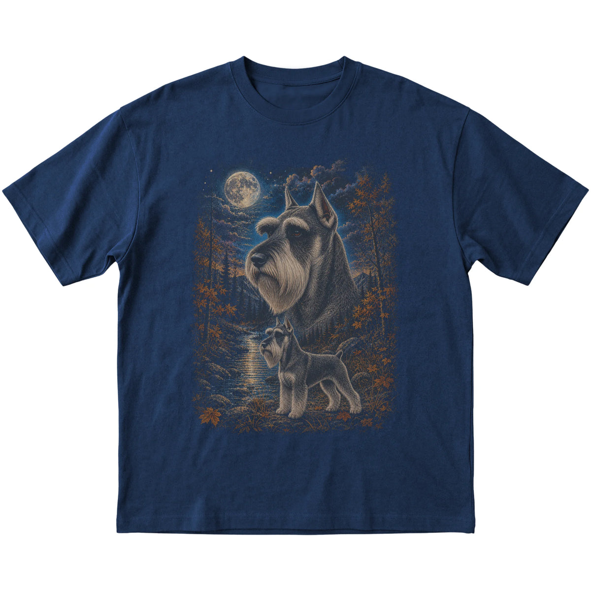 navy T-shirt with Schnauzer Autumn Moon artwork.