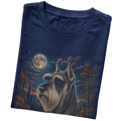 Folded navy T-shirt with Schnauzer Autumn Moon artwork.