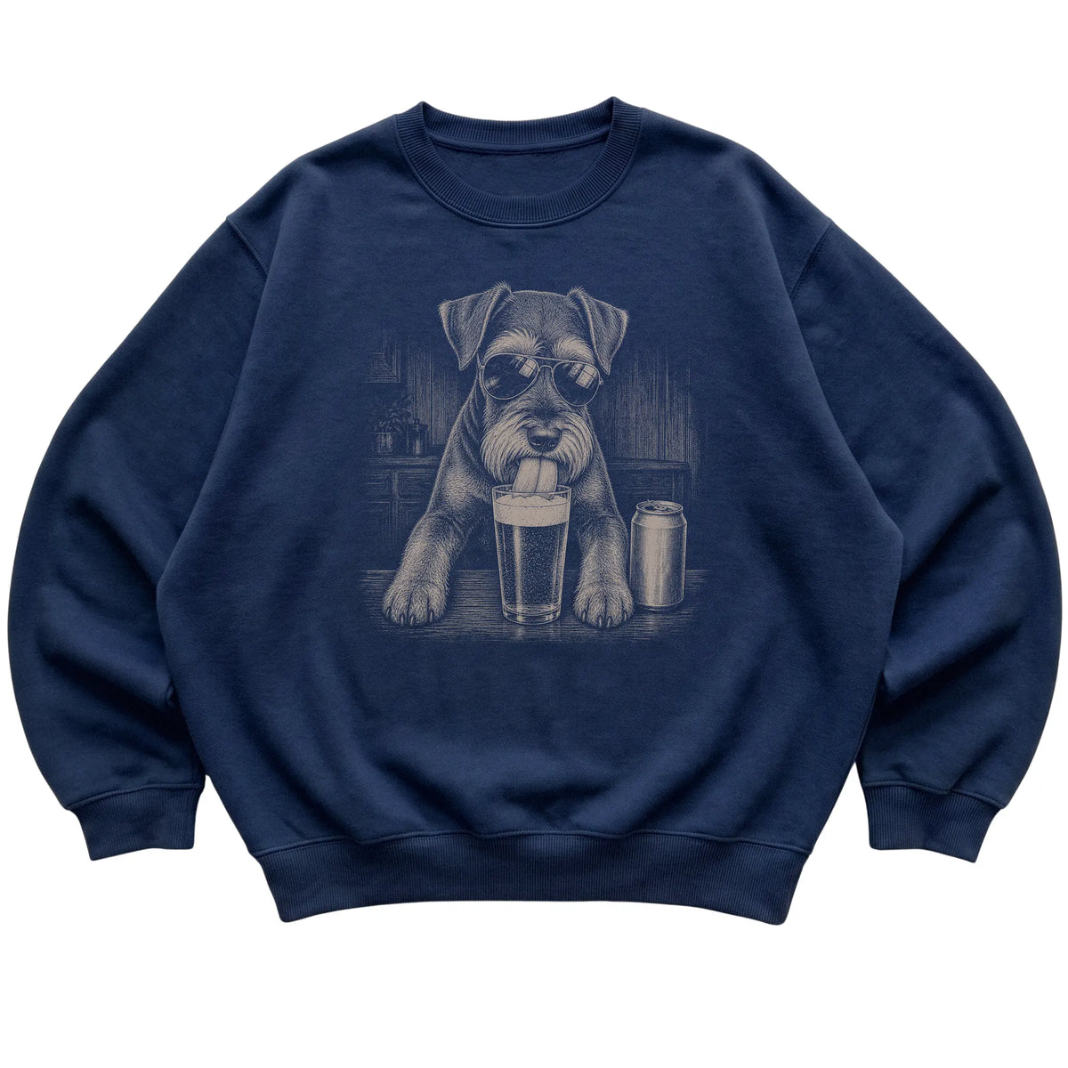 Navy Schnauzer drinking from a pint at a bar, laid flat
