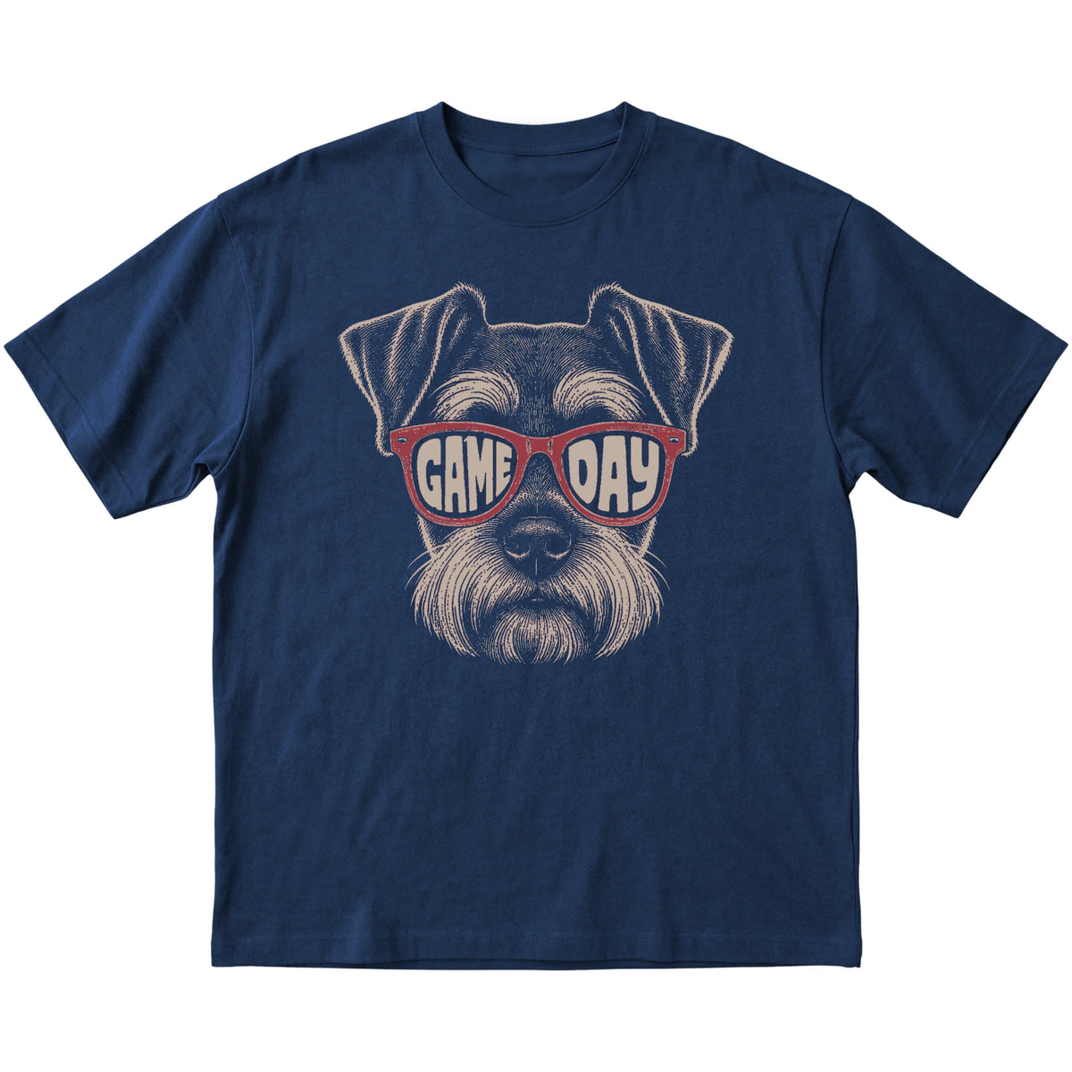 Navy Schnauzer Game Day Sunglasses T-shirt, laid flat