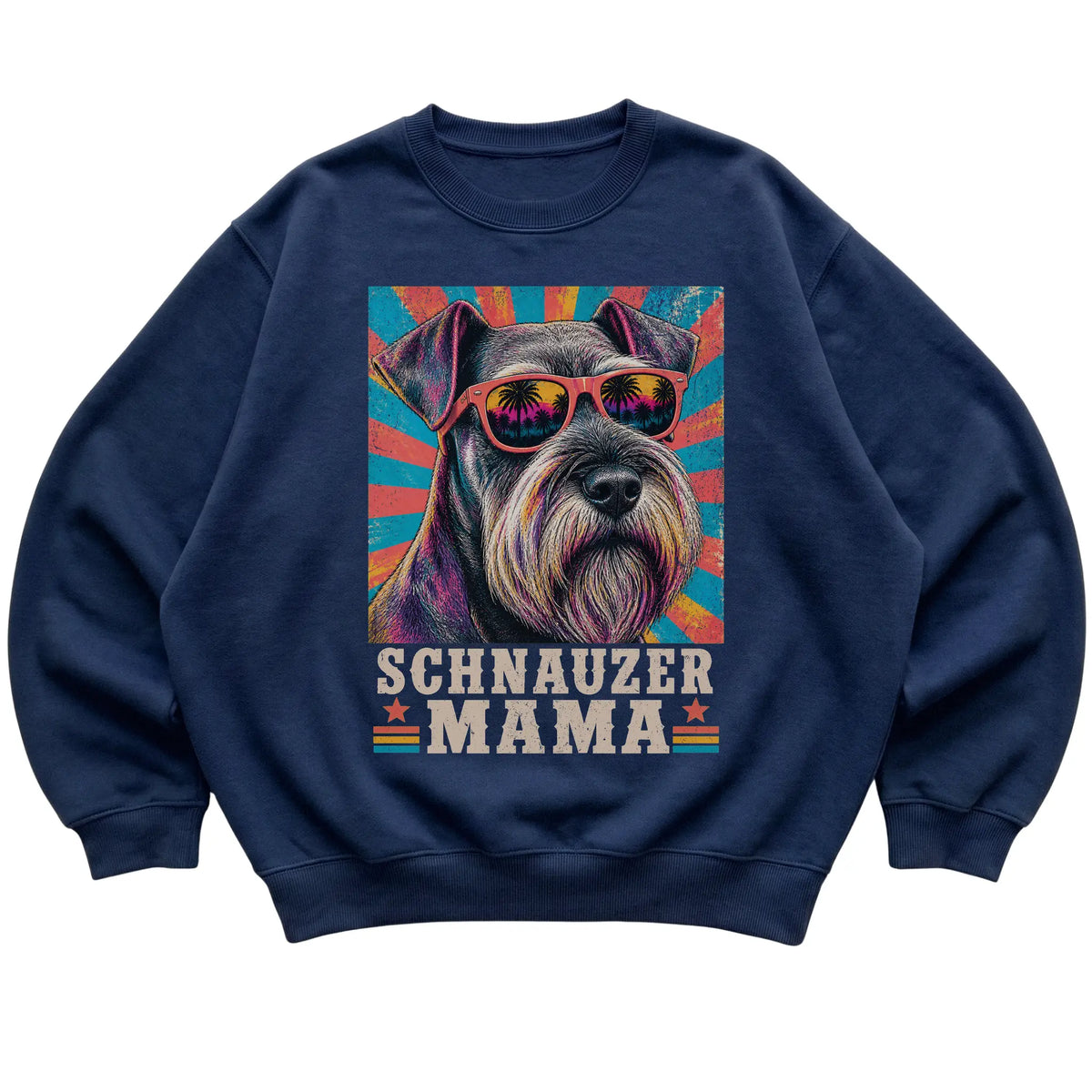 Retro Schnauzer Mama design on a Navy crewneck sweatshirt