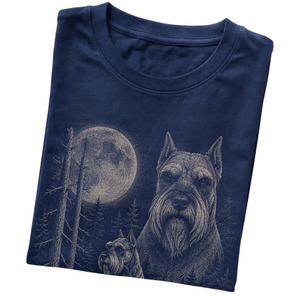 Folded navy Softstyle T-shirt showing the Schnauzer Moonlit Forest graphic