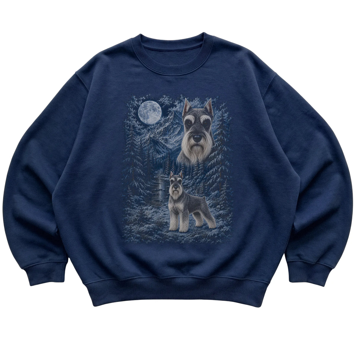 navy sweatshirt with Schnauzer Winter Moon artwork.