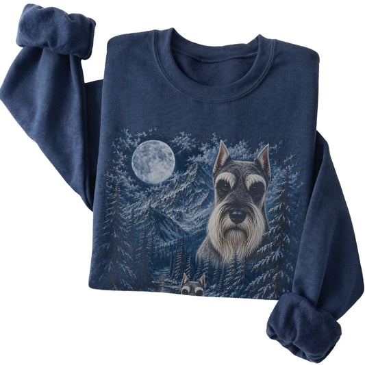 Folded navy sweatshirt with Schnauzer Winter Moon artwork.