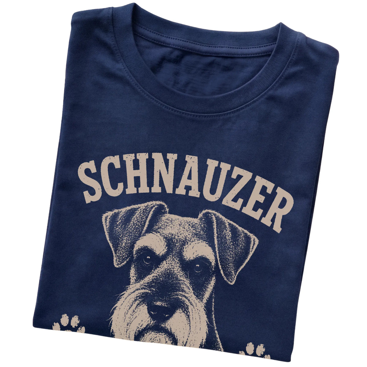 Navy T-shirt featuring Serious Brows, Questionable Decisions - Schnauzer, folded presentation