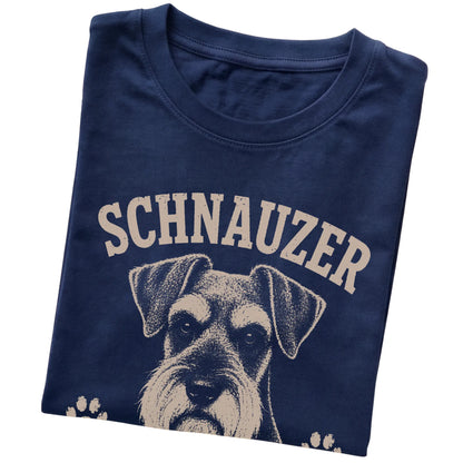 Navy T-shirt featuring Serious Brows, Questionable Decisions - Schnauzer, folded presentation
