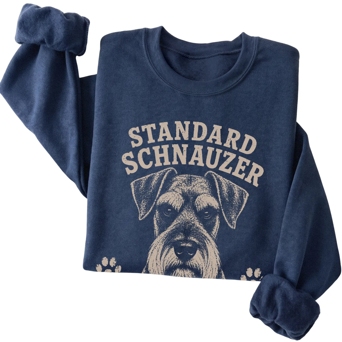 Navy crewneck sweatshirt featuring Standard Schnauzer Serious Brows, Questionable Decisions, folded presentation