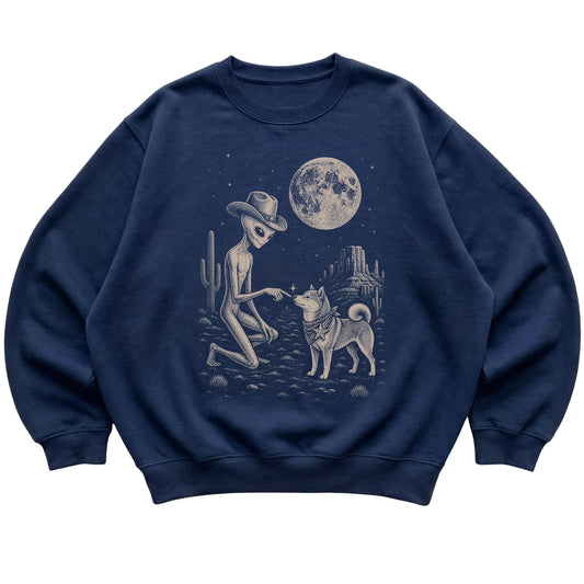 Navy crewneck sweatshirt featuring Shiba Inu Cowboy and Alien, laid-flat presentation