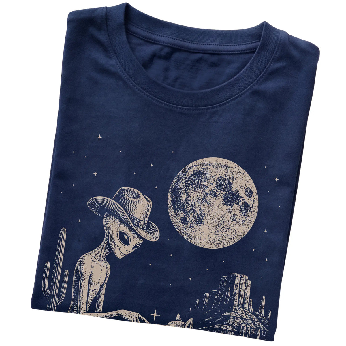 Navy T-shirt featuring Shiba Inu Cowboy and Alien, folded presentation