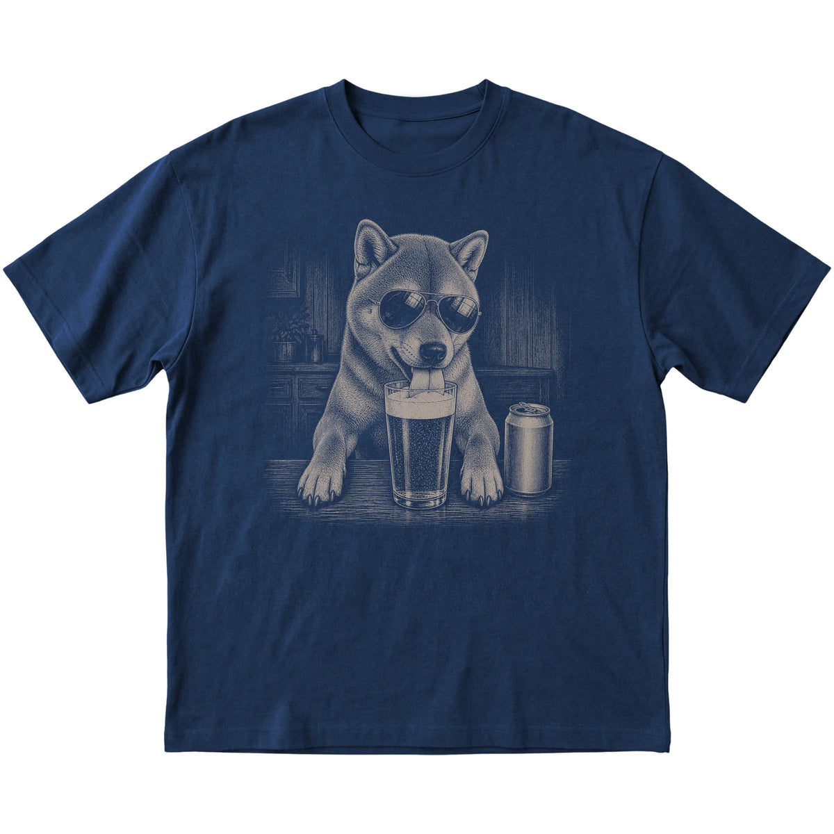 Navy Shiba Inu drinking from a pint at a bar, laid flat