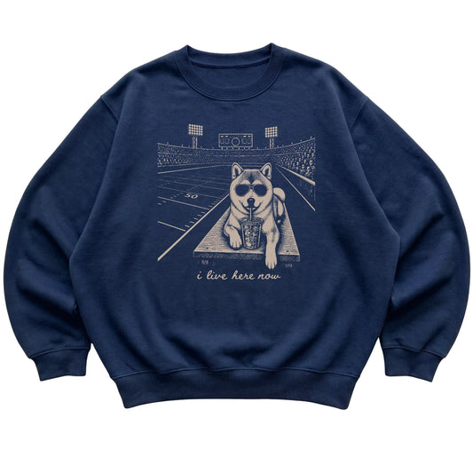 Navy Shiba Inu Football Tailgate sweatshirt, laid flat