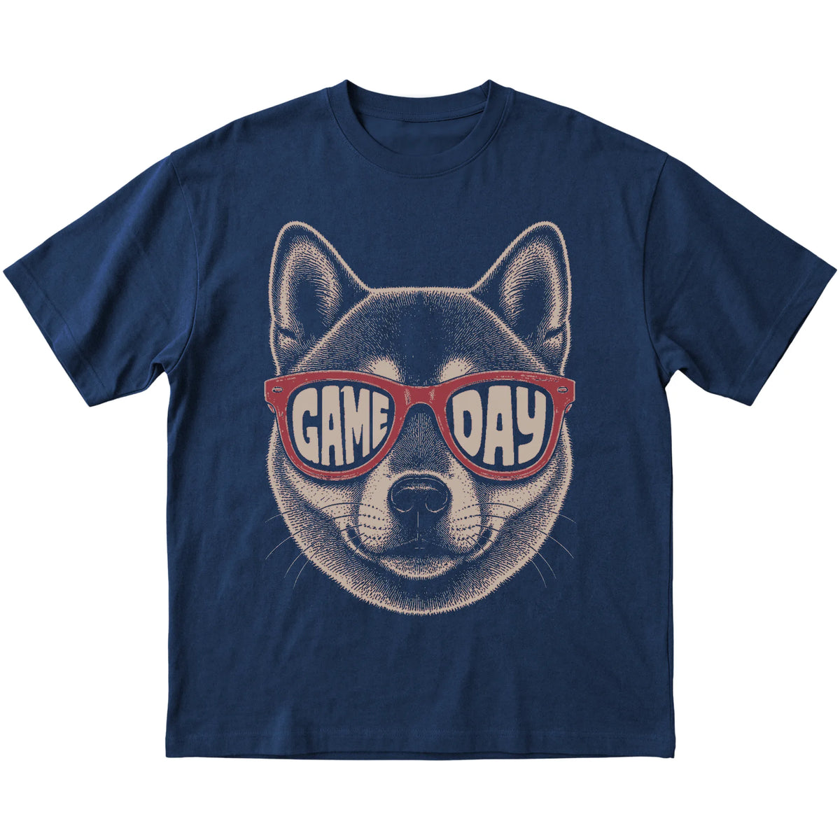 Shiba Inu Game Day design on a Navy t-shirt, flat lay